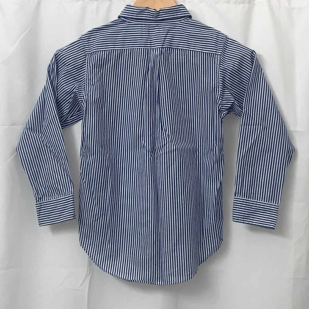 Boys Chaps Blue & White Striped Long Sleeve Button Down Shirt Size 7 EUC